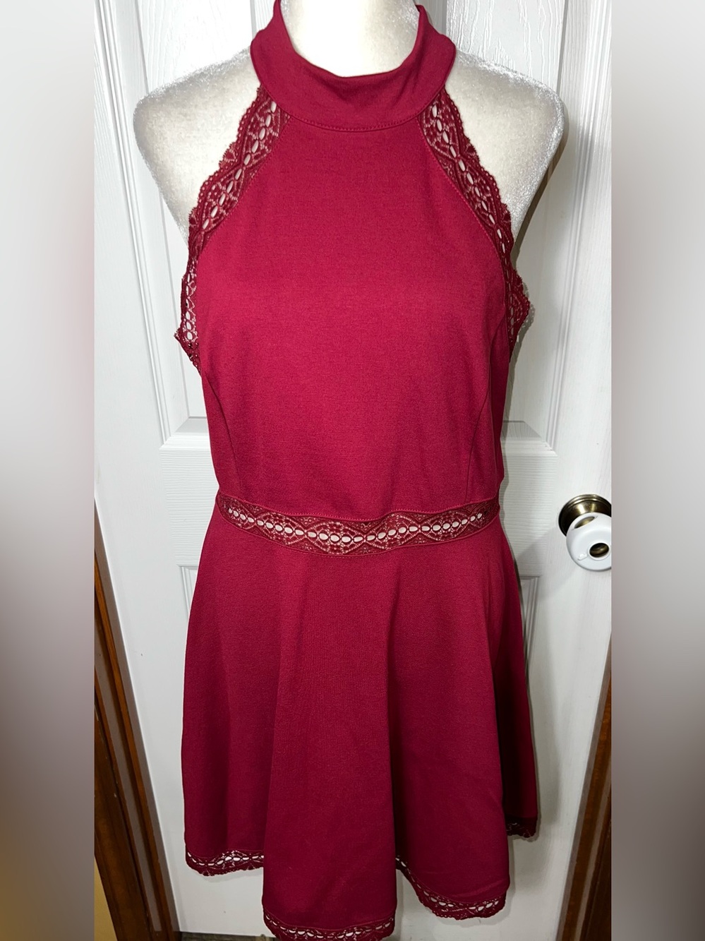 Lulus Dress Knee Length Midi Dress Halter Dress Fit and Flare Burgundy Red XL